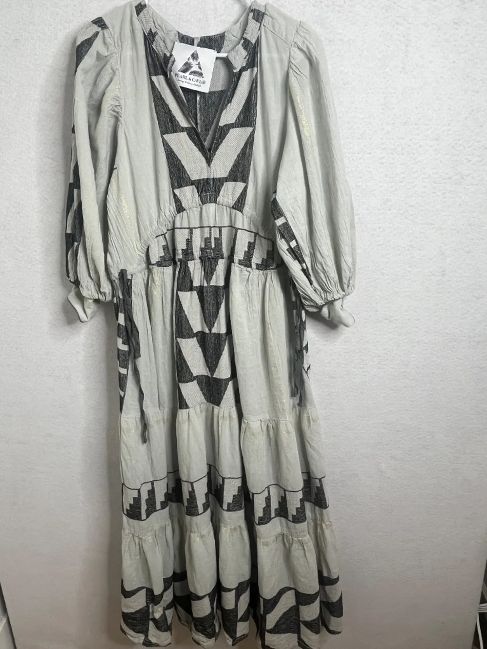 Pearl & Caviar Boho Geometric Print Midi Dress Long Sleeve Flowy S - Picture 2 of 6